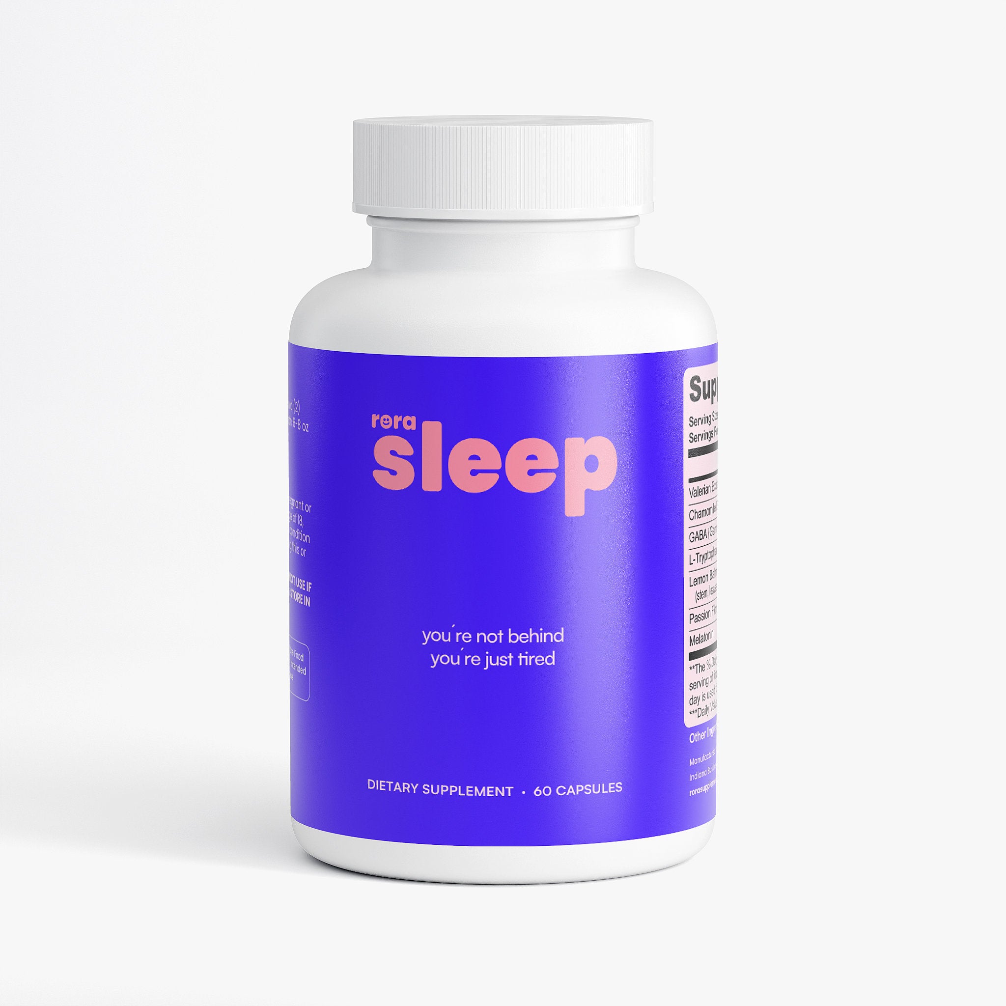 Rora Sleep supplement bottle — 60 capsules, 2mg clinical melatonin plus 6 botanicals for restful sleep